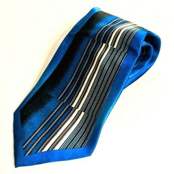 Men's Il Canto Black Blue Striped Neck Tie - Picture 2 of 5